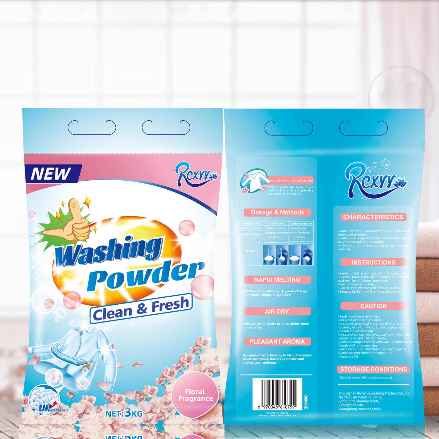 RiCheng 3kg High Foam Floral Perfumes Household Washing Laundry Detergent Powder